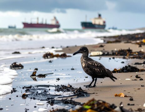 Oil Spill Impact: Oiled Bird on Contaminated Beach with Distant Ships