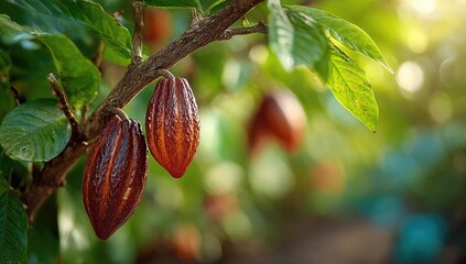 Cacao pods hanging from a branch
