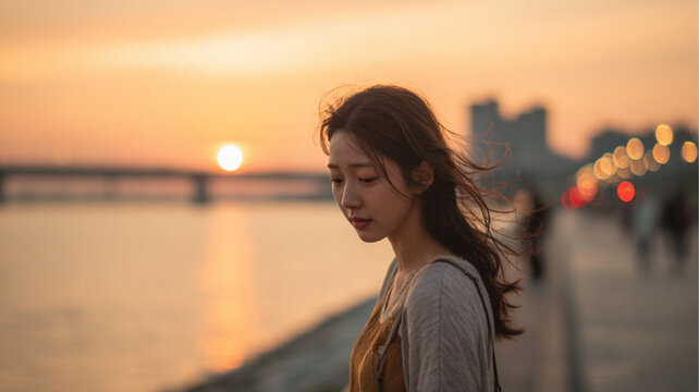Korean Young Woman Crying by Han River at Sunset with Pastel Rose-Gold Sky and Banpo Bridge
