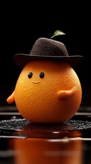 Sweet Orange Figurine Wearing Straw Hat Beside Fresh Basket