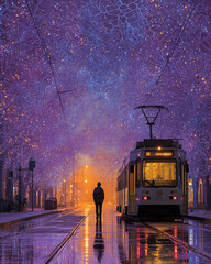 Obraz premium Man stands under a starry sky next to a tram