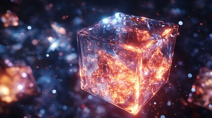 Transparent Cube Glowing In Futuristic Nighttime Sci-Fi Cityscape Scene