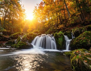 Obraz premium Autumn Cascade: Golden Light on Forest Stream