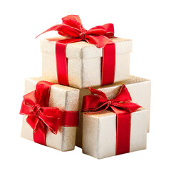 Obraz premium White gift boxes tied with red ribbons, isolated on black.