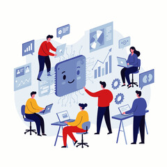 A diverse team of professionals collaborates on cutting-edge technology, analyzing data and optimizing an intelligent microchip in a dynamic digital environment.
