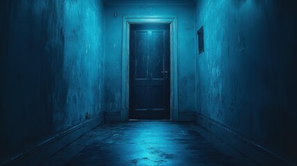Obraz premium Blue-lit hallway door, mystery, grunge walls, film use