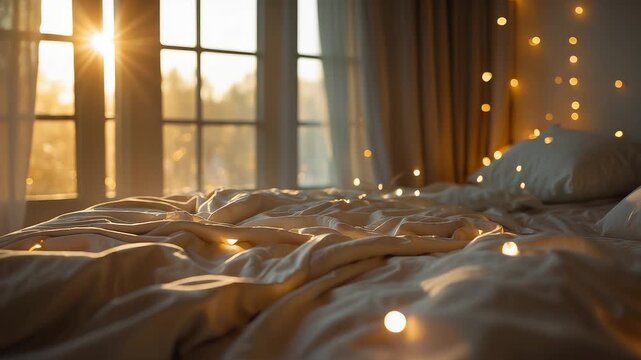 Cozy bedroom interior with rumpled white bed sheets, warm sunlight streaming through large windows and glowing fairy string lights at dawn