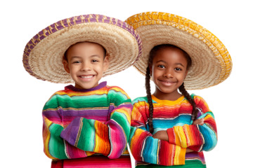 Two children celebrate Mexican culture with smiles, vibrant ponchos, and sombreros.