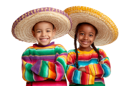Two children celebrate Mexican culture with smiles, vibrant ponchos, and sombreros. - Powered by Adobe