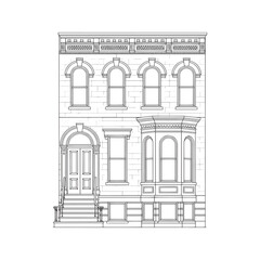 Classic Brownstone Townhouse Line Art. Architectural Vector Illustration of a City Building Facade for Coloring Page.  © Journey
