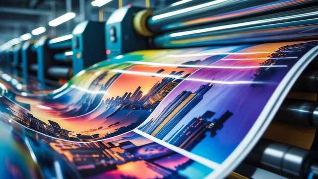 Colorful large format printing machine producing vibrant cityscape posters with high quality precision rollers inside modern industrial facility