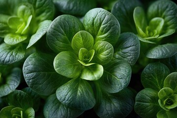 Close-up of vibrant green leafy plants. Lush, healthy greens densely packed together