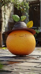 Cartoon Orange Figurine In Straw Hat Standing On Grass