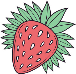 Hand-drawn illustration of a red strawberry with green leaves fruit food