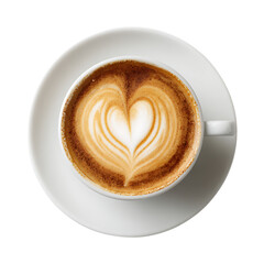 Top view of a cappuccino with latte art heart, perfect for cafe menus.