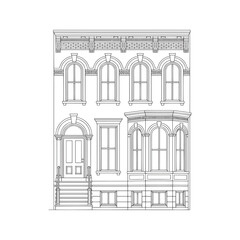 Classic Brownstone Townhouse Line Art. Architectural Vector Illustration of a City Building Facade for Coloring Page.  © Journey
