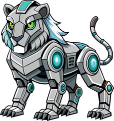 Obraz premium A whimsical, futuristic lion featuring bright, glowing LED eyes and a robotic body, showcasing a blend of nature and technology