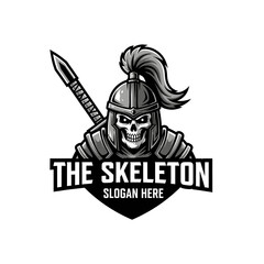 A fierce skeleton warrior wearing a plumed helmet and armor with a spear, designed as a monochrome mascot logo.