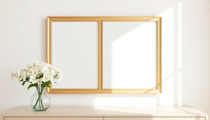 Elegant empty frame, white flowers in vase, beige table, minimalist home decor, house, still life