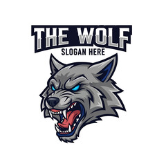 Illustration of an angry gray wolf head with sharp teeth and glowing blue eyes, above a slogan placeholder.