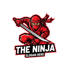 A red ninja crouches, holding a sword, with 