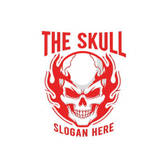 Fototapeta premium Red graphic illustration of a skull encircled by stylized flames, with text 