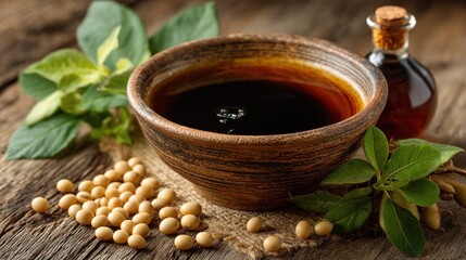 Rustic Soy Sauce Still Life with Soybeans, Oil and Fresh Greens on Wood