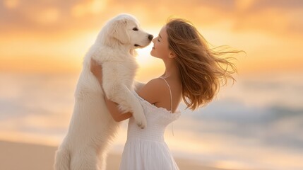 A woman holds a golden retriever puppy against a beautiful beach sunset, capturing a moment of affection and joy.