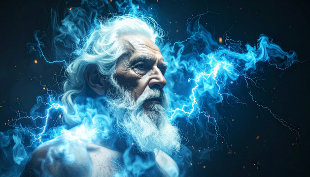 Epic surreal portrait of old man with flowing white hair blending into smoke lightning and fire