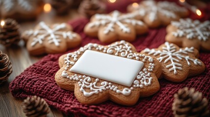 Christmas gingerbread cookies with icing on a burgundy cloth