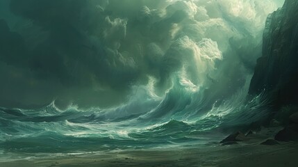 Stormy sea waves crashing on the shore illustration art