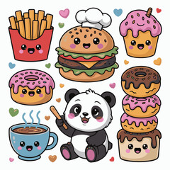 Cute Panda with Burger, Donuts, Coffee, and Fast Food Stickers – Kawaii Cartoon Vector