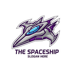 Cartoon spaceship illustration with a sleek, futuristic design, featuring purple accents and a blue cockpit against a white background.