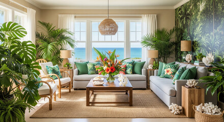 Tropical Oasis themed living room, Bright, colorful, and exotic.