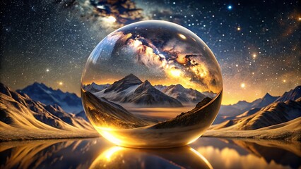 Crystal ball reflecting a vibrant galaxy and majestic mountains, set against a starry night sky
