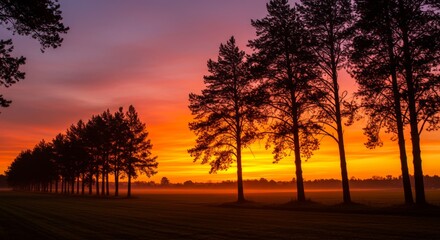 Vibrant Sunset Silhouette of Trees in a Misty Field