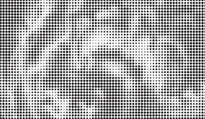 A halftone pattern with gradients of black dots on a white background creates a dynamic abstract texture and visually engaging geometric design with a modern feel