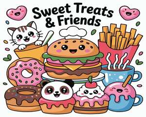 Cute Panda with Burger, Donuts, Coffee, and Fast Food Stickers – Kawaii Cartoon Vector