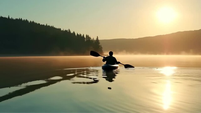 olo kayaker paddling calm lake, ripples spread, golden-hour glow, blurred treeline and hills, cinematic lifestyle.