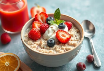 Pastel-colored bowl of creamy oatmeal porridge topped with berries, Greek yogurt, and a side of juice,  greek yogurt,  minimalist
