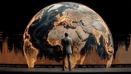 A man stands before a large, detailed globe of the Earth, surrounded by data visualizations