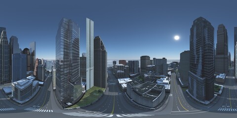 Panorama of the city. Environment map. HDRI map. Equirectangular projection. Spherical panorama.
3d rendering