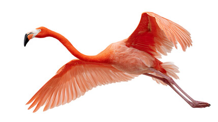 Fototapeta premium Pink flamingo soaring with outstretched wings, isolated