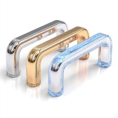 Three modern drawer pulls, metallic and clear plastic, arranged in a row