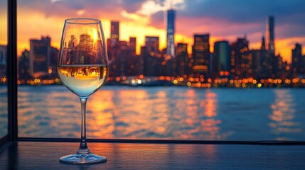 City sunset view with wine glass