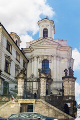The fasade of Ss Cyril and Methodius Cathedral in Pragues Old Town in the Czech Republic