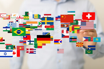 Image of interconnected world flags symbolizing global collaboration and communication.