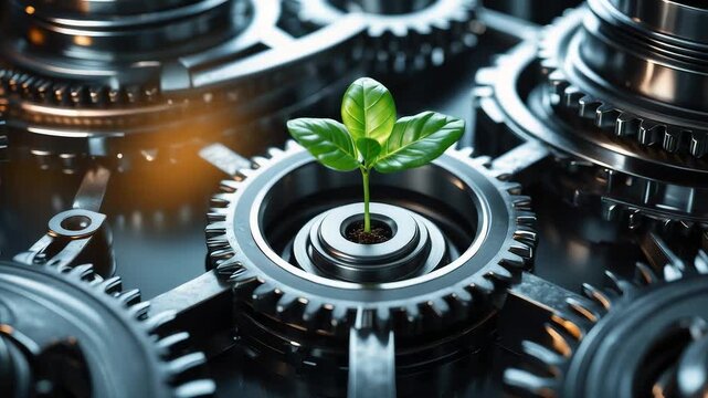 Green plant sprout growing inside metallic gears with shiny industrial machinery parts creating contrast of nature and mechanical engineering