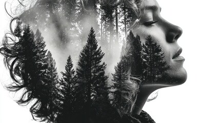 Double exposure portrait of a woman, with a forest inside her head