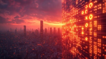Cityscape sunset; data wall; futuristic code